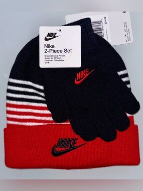Nike Youth Beanie & Gloves Set Embroidered Knit Black Red White Striped NWT
